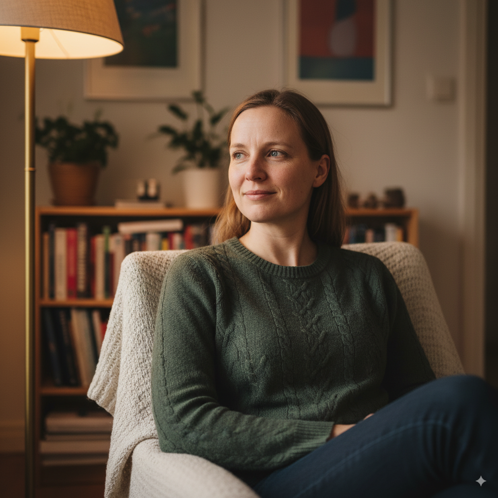 En kvinna sitter bekvämt i en fåtölj i ett mysigt, varmt upplyst rum och ser fridfull och reflekterande ut.