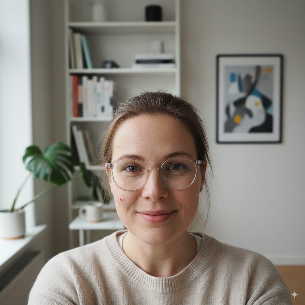 Porträtt av en vänlig och professionell kvinna med glasögon som ler mjukt mot kameran i ett ljust hemmakontor.