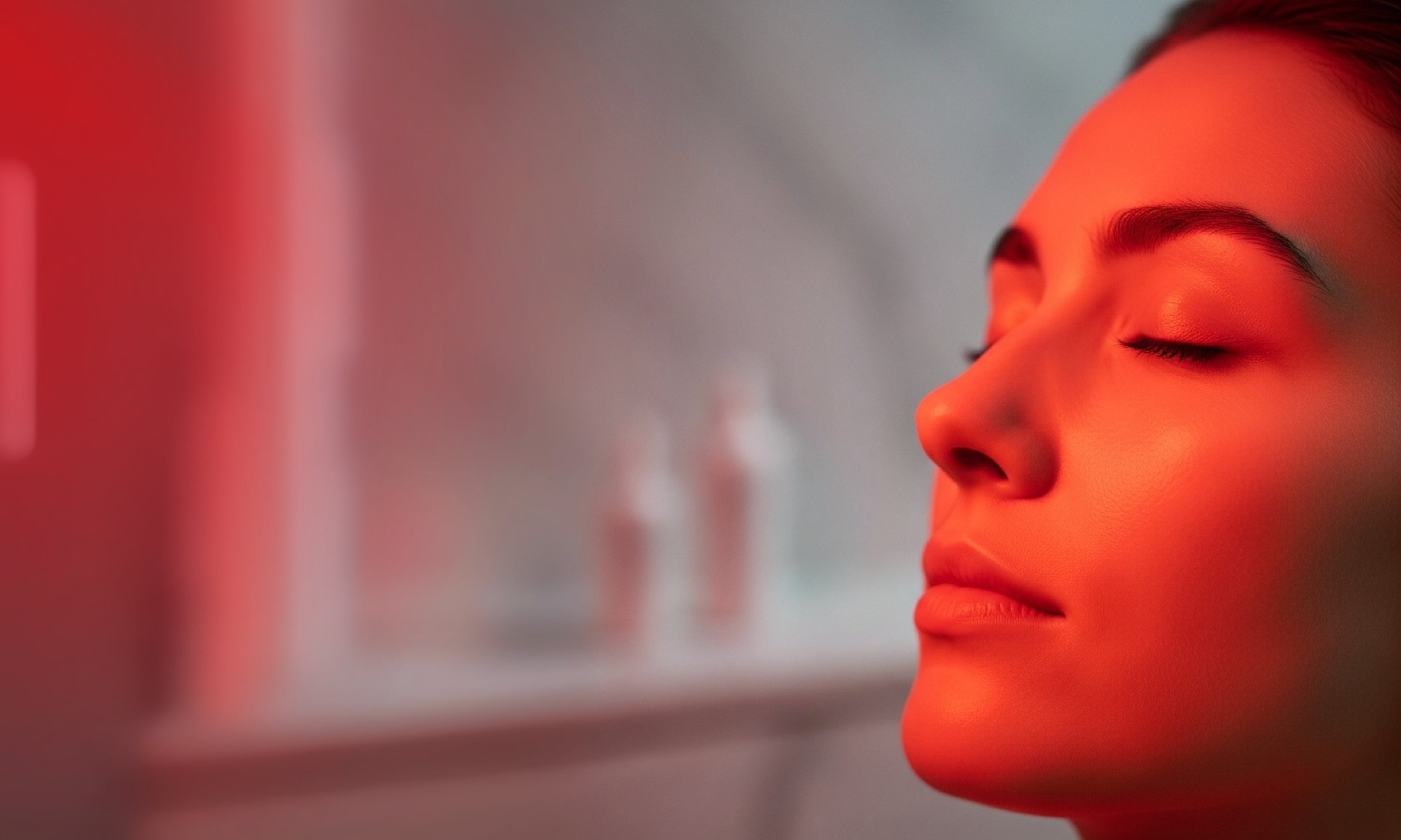 Close-up profile of a woman's serene face with her eyes closed, receiving a red light therapy treatment.