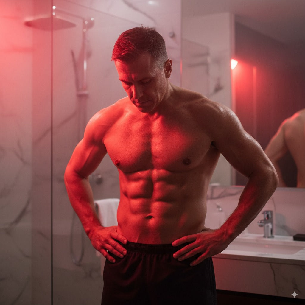 A muscular man in a bathroom illuminated by red light during a post-workout recovery session.