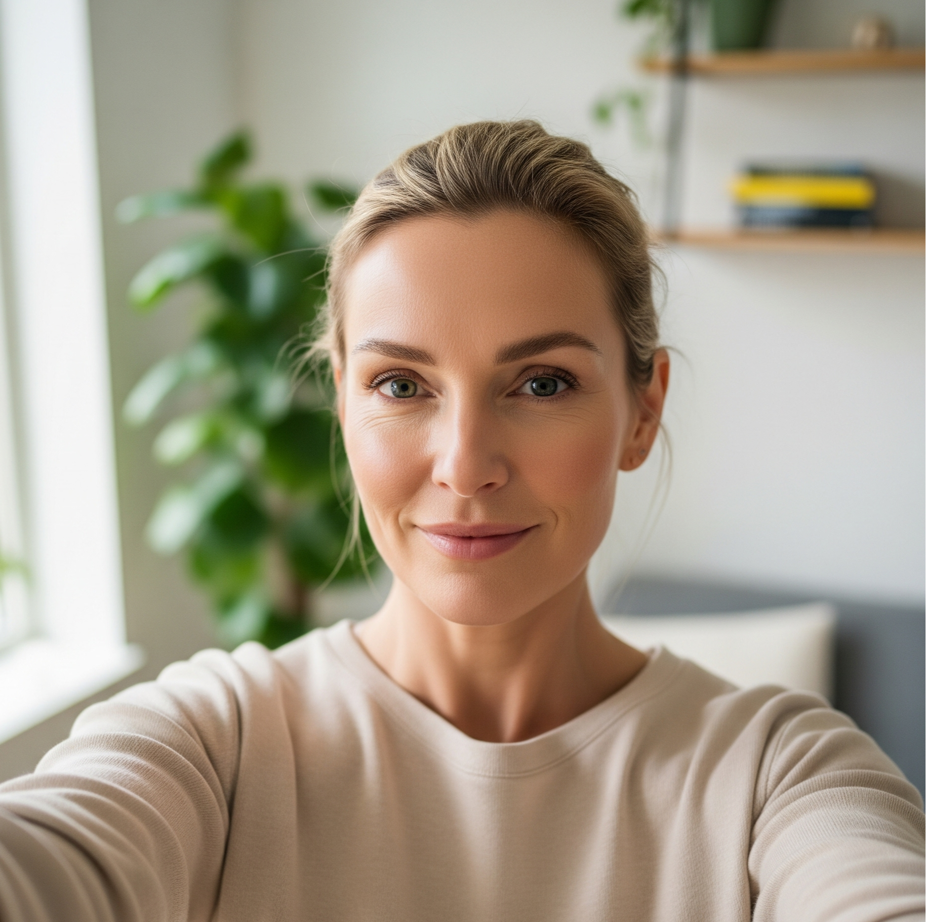 Close-up selfie of a smiling woman in her 40s with natural makeup, in a bright and cozy living room.