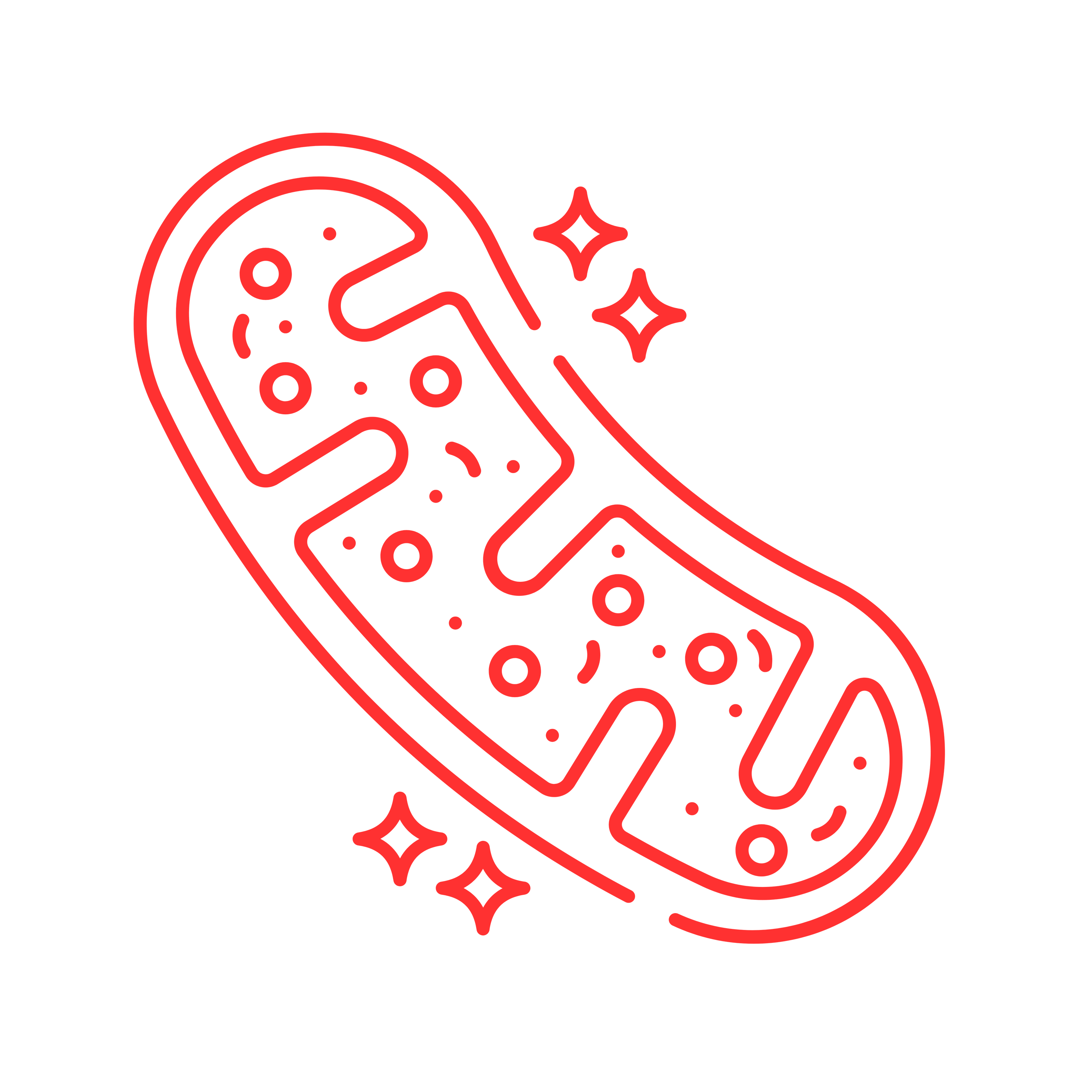 A red icon of a mitochondrion, the powerhouse of the cell.